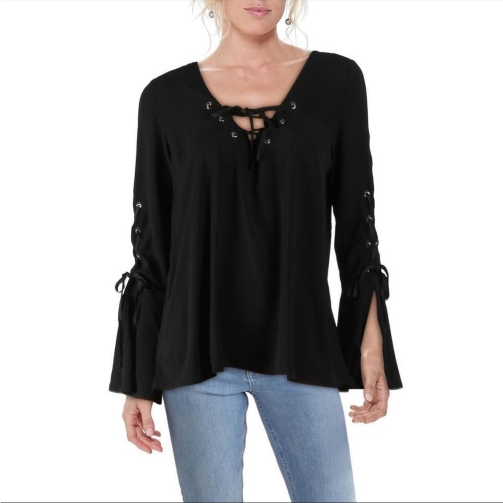 BAND OF GYPSIES Black Blouse Bell sleeve Lace up front and sleeves Size M